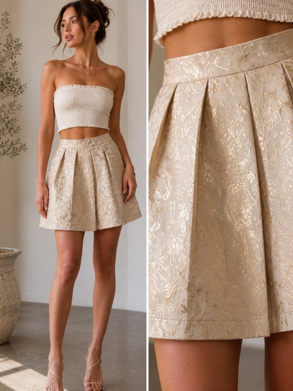 Metallic Pleated Mini Skirt L Gold Floral Jacquard Party Holiday A-Line NWT
